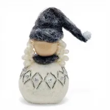 Handmade wool Santa Girl Flóki with a grey tasselled hat and matching diamond wool sweater.Icelandic folk art and gift