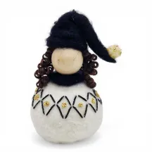 Handmade wool Santa Girl Flóki with a black tasselled hat and matching diamond wool sweater. Icelandic souvenir and gift