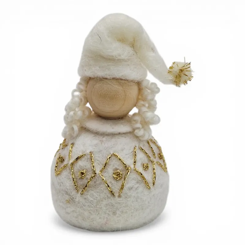 Handmade wool Santa Girl Flóki with a white tasselled hat and golden diamond wool sweater. Icelandic folk art and gift