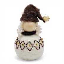 Handmade wool Santa Girl Flóki with a brown tasselled hat and matching diamond wool sweater. Icelandic souvenir and gift