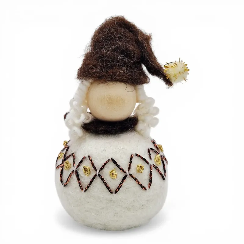 Handmade wool Santa Girl Flóki with a brown tasselled hat and matching diamond wool sweater. Icelandic souvenir and gift