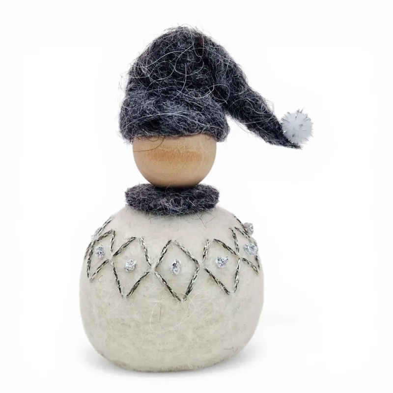 Handmade wool Santa Boy Flóki, gray hat & matching diamond wool sweater with shimmering thread. Icelandic souvenir & gift.