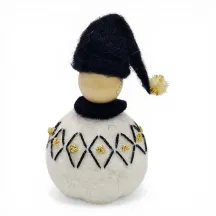 Handmade wool Santa Boy Flóki, black hat & matching diamond wool sweater with shimmering thread. Icelandic souvenir & gift.