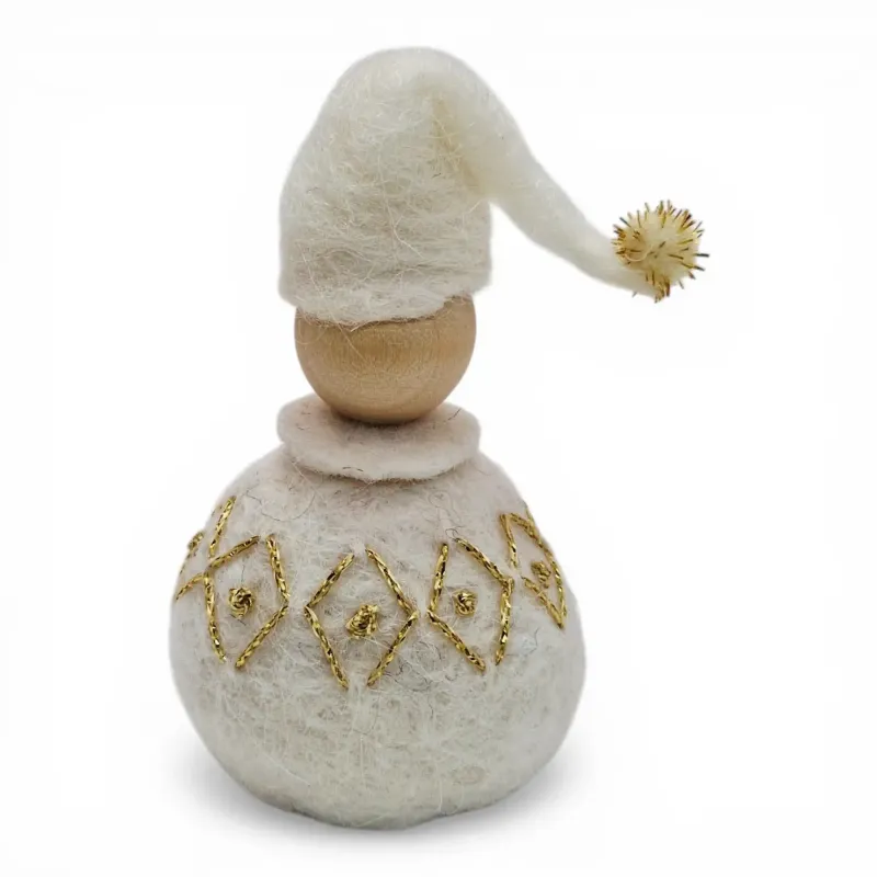 Handmade wool Santa Boy Flóki, white hat & golden diamond wool sweater with shimmering thread. Icelandic souvenir & gift.