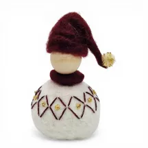 Handmade wool Santa Boy Flóki, burgundy hat & matching diamond wool sweater with shimmering thread. Icelandic souvenir & gift.