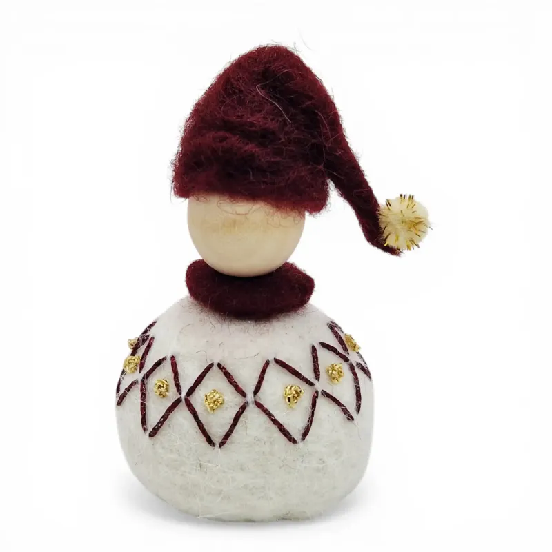 Handmade wool Santa Boy Flóki, burgundy hat & matching diamond wool sweater with shimmering thread. Icelandic souvenir & gift.