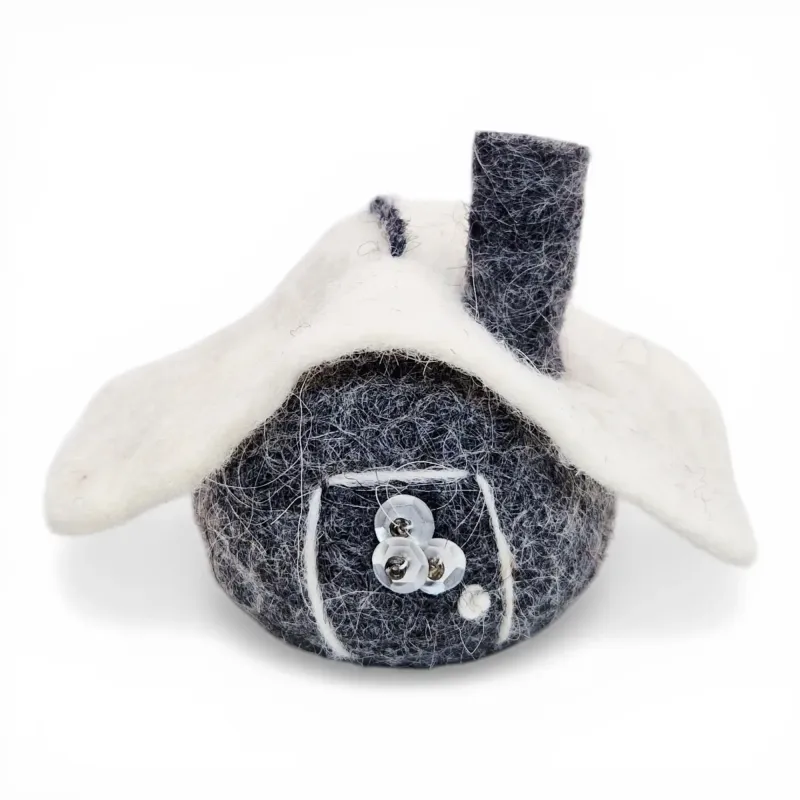 Handmade wool gray Christmas House Flóki, white roof, chimney, and hanging loop. Icelandic folk art and gift