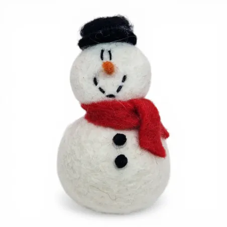 Handmade white wool Snowman Flóki, black cap, red scarf and buttons, and carrot nose. Icelandic souvenir and gift.