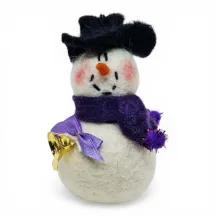 Handmade wool Snowman Flóki with rosy cheeks, purple scarf & bow, and golden bell. Icelandic souvenir and gift.