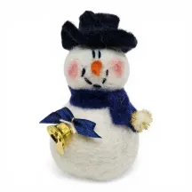 Handmade wool Snowman Flóki with rosy cheeks, navy blue scarf & bow, and golden bell. Icelandic souvenir and gift.