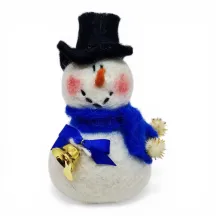 Handmade wool Snowman Flóki with rosy cheeks, blue scarf & bow, and golden bell. Icelandic souvenir and gift.