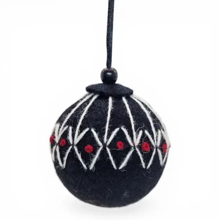 Handmade black wool Christmas ornament,  rustic charm stitched with white Lopi Einband yarn. Icelandic folk art and gift