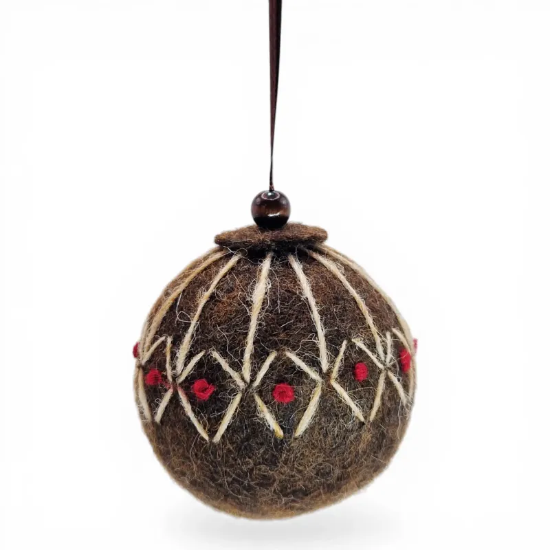 Handmade brown wool Christmas ornament,  rustic charm stitched with light brown Lopi Einband yarn. Icelandic folk art and gift