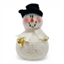 Handmade large wool Snowman Flóki, with rosy cheeks, white scarf & bow, golden bell. Iceland souvenir & gift