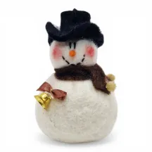 Handmade large wool Snowman Flóki, with rosy cheeks, brown scarf & bow, golden bell. Iceland souvenir & gift