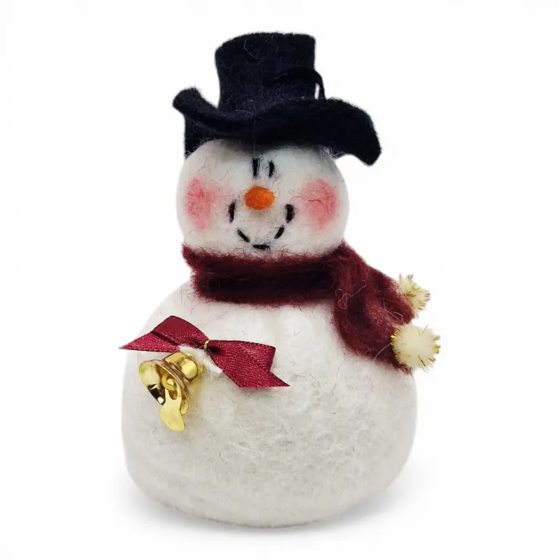 Handmade large wool Snowman Flóki, with rosy cheeks, burgundy scarf & bow, golden bell. Iceland souvenir & gift