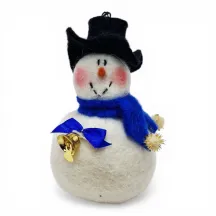 Handmade large wool Snowman Flóki, with rosy cheeks, blue scarf & bow, golden bell. Iceland souvenir & gift