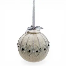 Handmade white wool Christmas ornament, traditional shimmering silver stitched pattern, black knots. Iceland souvenir & gift