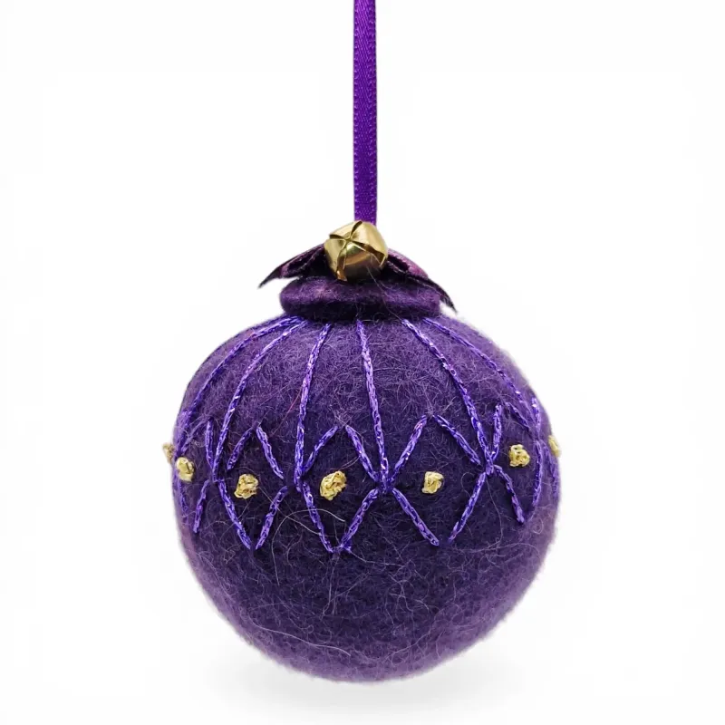 Handmade purple wool Christmas ornament, traditional shimmering purple stitched pattern, golden knots. Iceland souvenir & gift