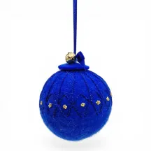Handmade blue wool Christmas ornament, traditional shimmering blue stitched pattern, golden knots. Iceland souvenir & gift