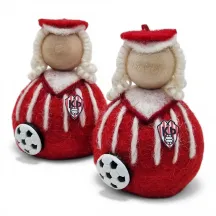 Custom handmade twin football girls Flóki, blonde with red hats, balls, team signs. Icelandic gift