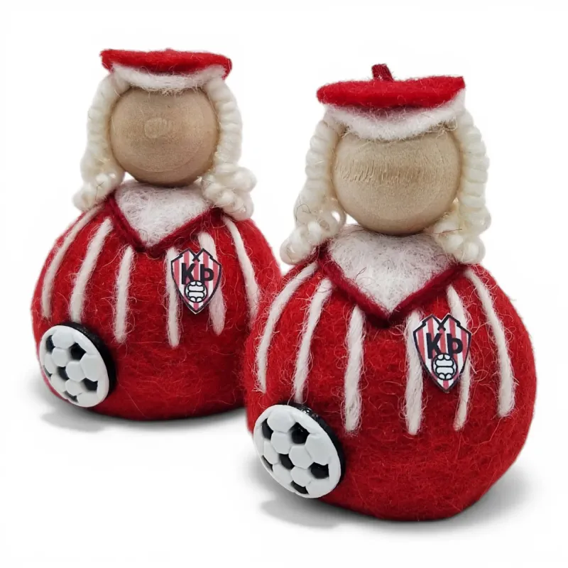 Custom handmade twin football girls Flóki, blonde with red hats, balls, team signs. Icelandic gift