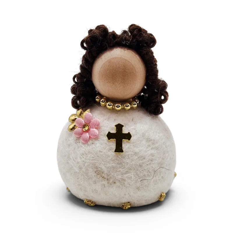 Handmade brown hair felted wool Confirmation Girl Flóki with light pink flower and golden cross, Icelandic souvenir and gift