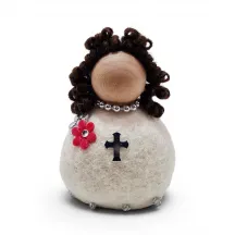 Handmade brown hair felted wool Confirmation Girl Flóki with red flower and silver cross, Icelandic souvenir and gift