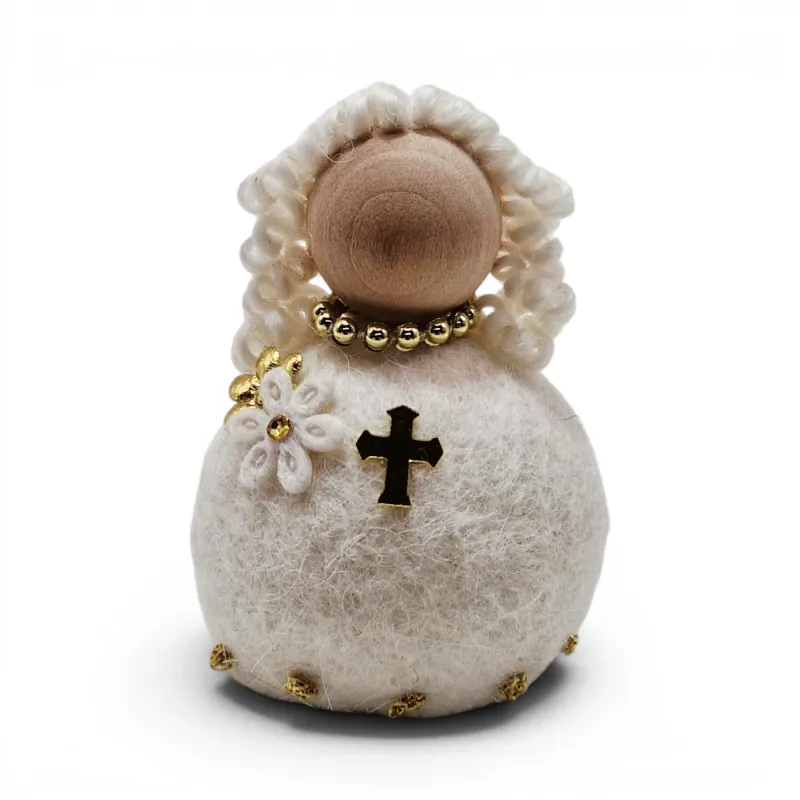 Handunnin ljóshærð þæfð ullar-fermingarstúlka Flóki með hvítt blóm og gullkross, íslenskur minjagripur og gjöf
