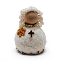 Handmade blond hair felted wool Confirmation Girl Flóki with brown flower and golden cross, Icelandic souvenir and gift