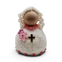 Handunnin ljóshærð þæfð ullar-fermingarstúlka Flóki með ljósbleikt blóm og gullkross, íslenskur minjagripur og gjöf