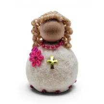 Handmade light brown hair felted wool Confirmation Girl Flóki with pink flower and golden cross, Icelandic souvenir and gift