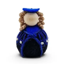 Handmade wool Girl Flóki with curly hair, elegant blue sweater with knot decor. Icelandic souvenir and gift