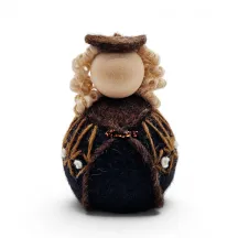 Handmade wool Girl Flóki with curly hair, elegant brown sweater with knot decor. Icelandic souvenir and gift