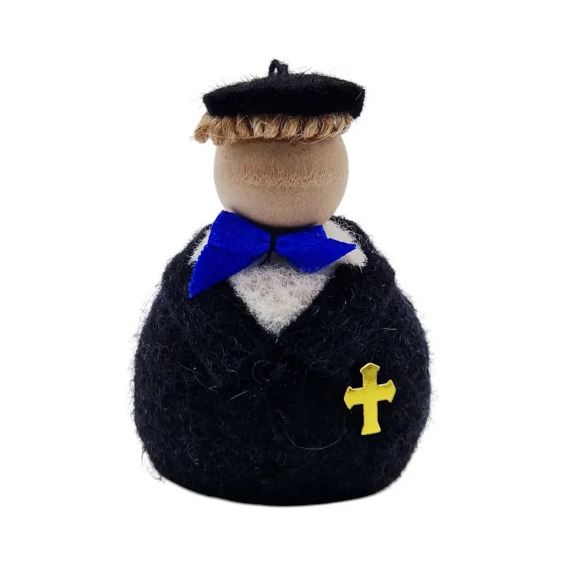 Handmade light brown hair felted wool Confirmation boy Flóki with a blue bow and golden cross, Icelandic souvenir and gift