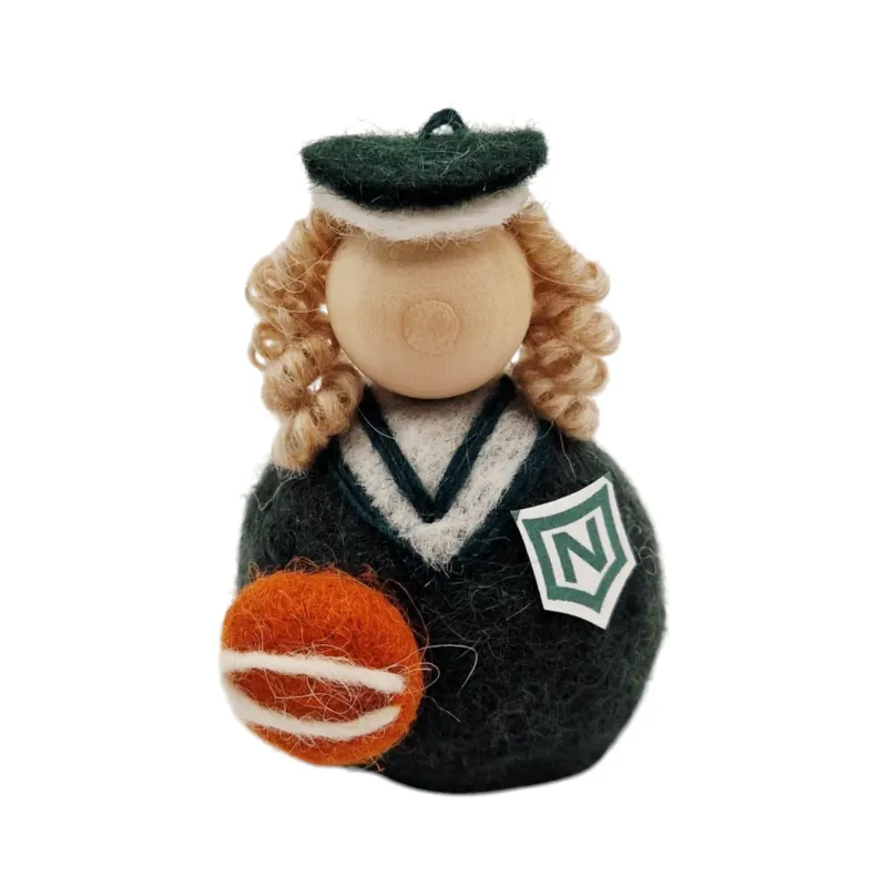 Custom handmade basketball girl Flóki, light brown hair, ball and team sign. Icelandic souvenir and gift