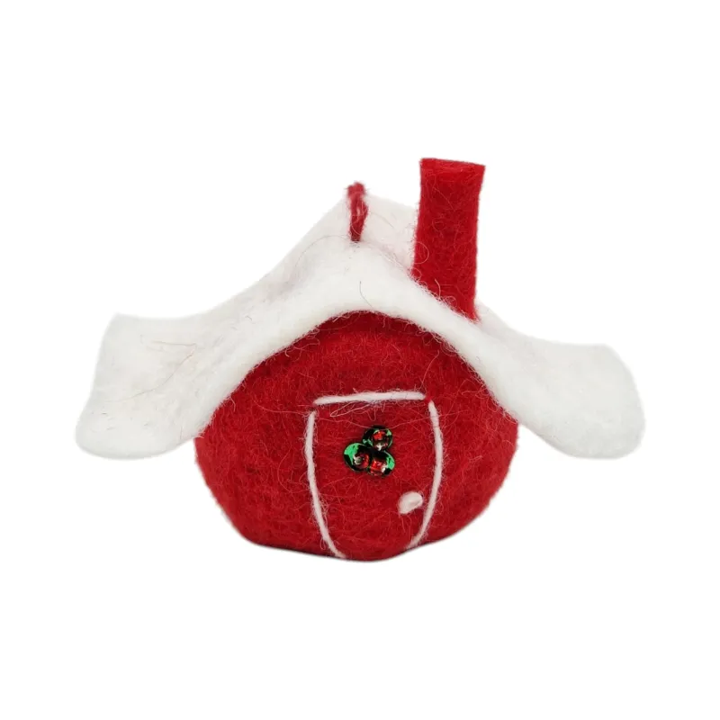 Handmade wool red Christmas House Flóki, white roof, chimney, and hanging loop. Icelandic folk art and gift