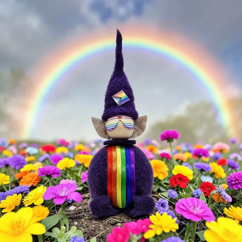 Handmade purple wool Pride Elf Flóki, staged in flower field with rainbow. Icelandic souvenir and gift