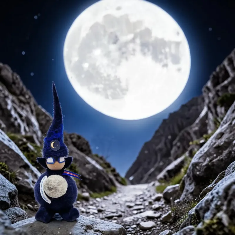 Handmade blue wool Moon Elf Flóki, staged on mountain path under giant glowing moon, Icelandic folk art
