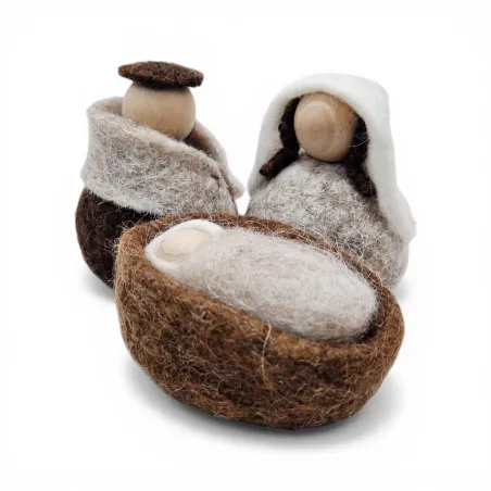 Handmade wool in brown Joseph, Mary, and Jesus Flóki nativity set in a felted crib. Icelandic souvenir and gift