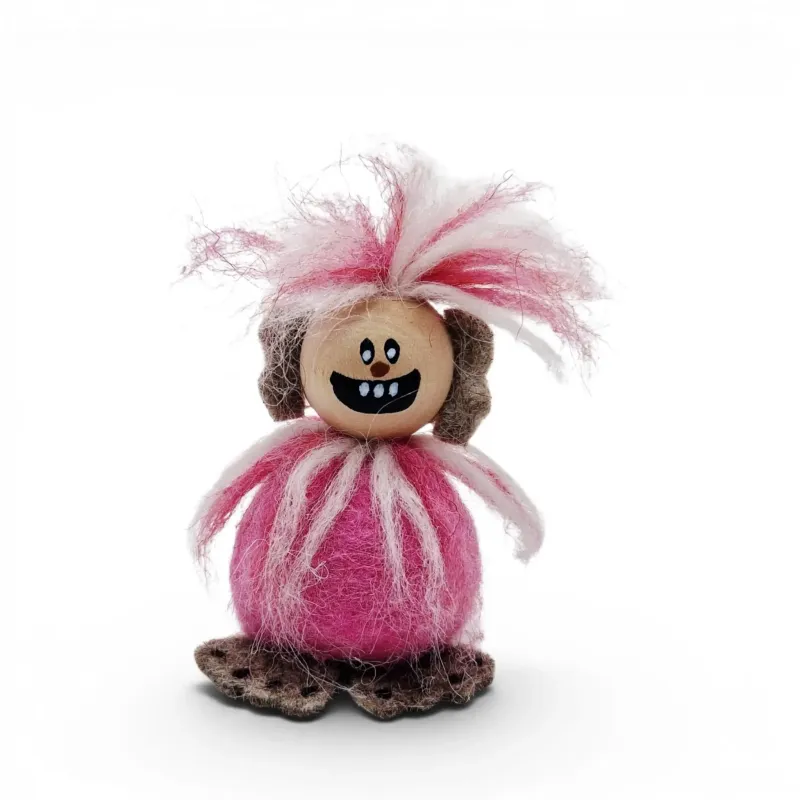 Handmade light pink wool Troll Boy Flóki, a wild-looking and naughty baby troll. Icelandic souvenir and gift