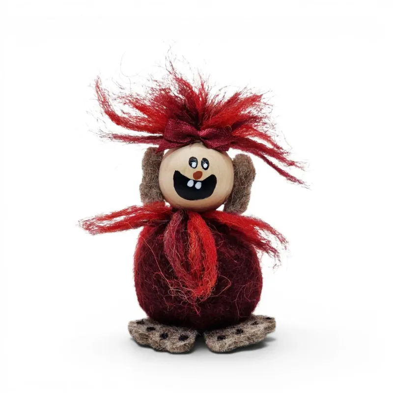 Handmade wine red wool Troll Girl Flóki, a wild-looking and mischievous baby troll. Icelandic souvenir and gift