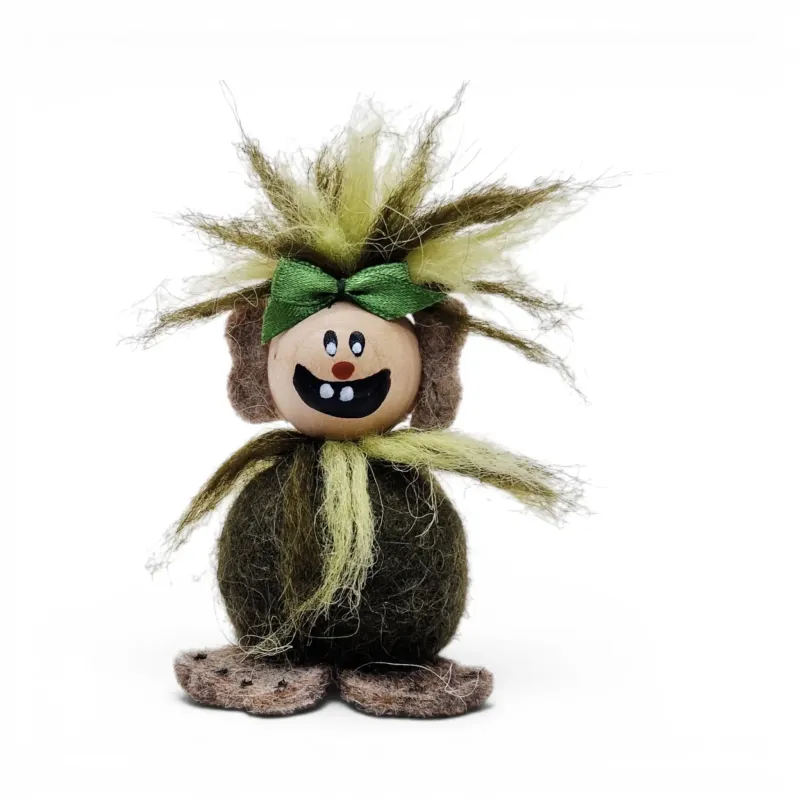 Handmade moss green wool Troll Girl Flóki, a wild-looking and mischievous baby troll. Icelandic souvenir and gift